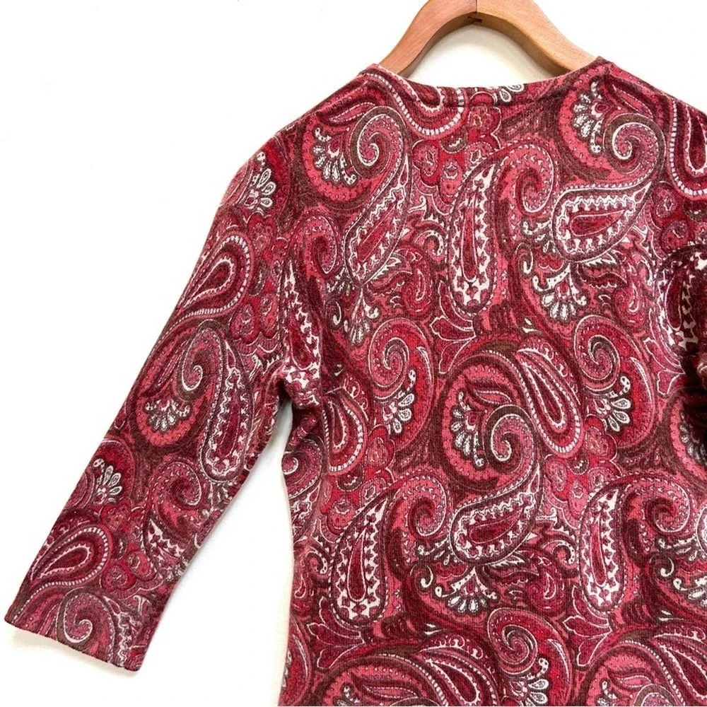Tweeds Lambs Wool Angora Blend Red Pink Paisley 3/4 Sleeve Cardigan Size Small P